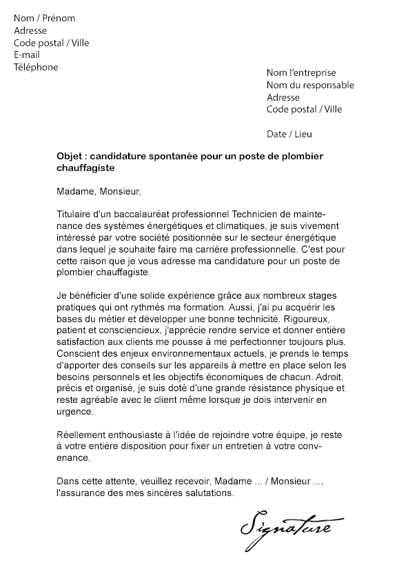 modele lettre de motivation plombier chauffagiste