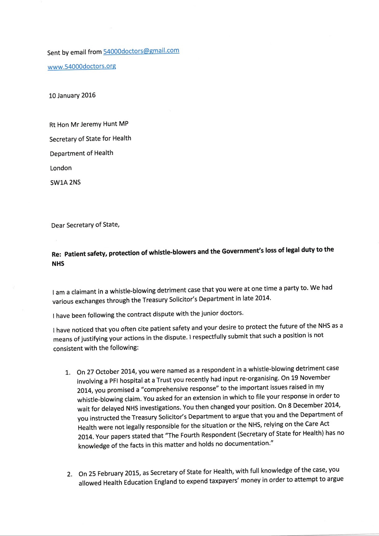 Open letter to Secretary of State for Health