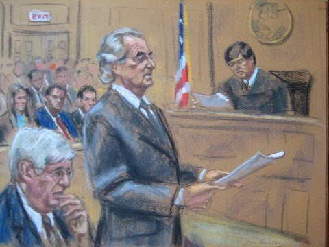 Jane Rosenberg's 2009 illustration of fraudster Bernard Madoff testifying in court.