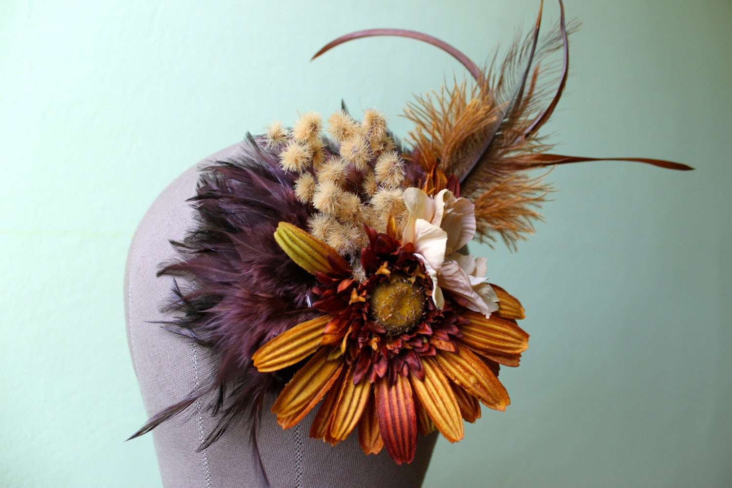Of the Earth Brown burnt orange cream feather flower leaf hair fascinator