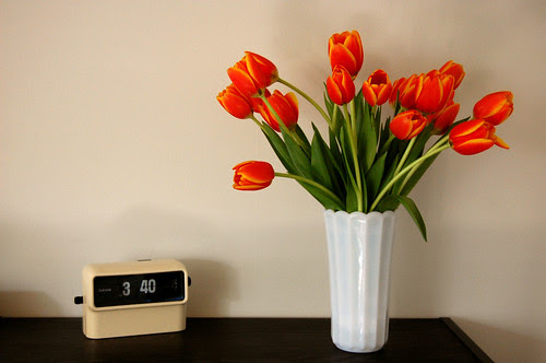 tulips, clock