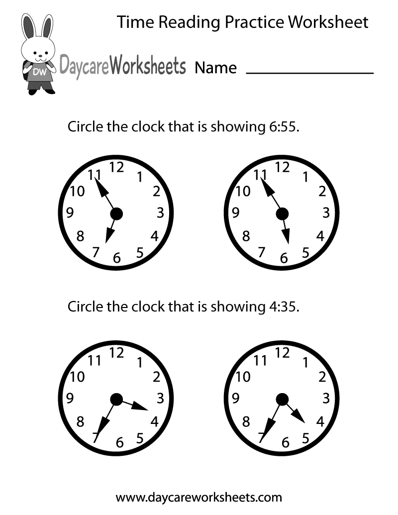 Preschool Printable Practice Worksheet Time printable  time worksheet Reading