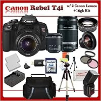 EOS Rebel T4i SLR Digital Camera Kit with Canon 18-55mm IS Lens + Canon 55-250mm IS Lens + Huge Accessory Package Including Wide Angle Macro Lens + 2x Telephoto Lens + 3 Pc Filter KIT + 16gb Sdhc Memory Card & Much More!!