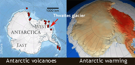 Antarctic ice, warming, melting, map, graphic, location of volcanoes, geothermal heat.