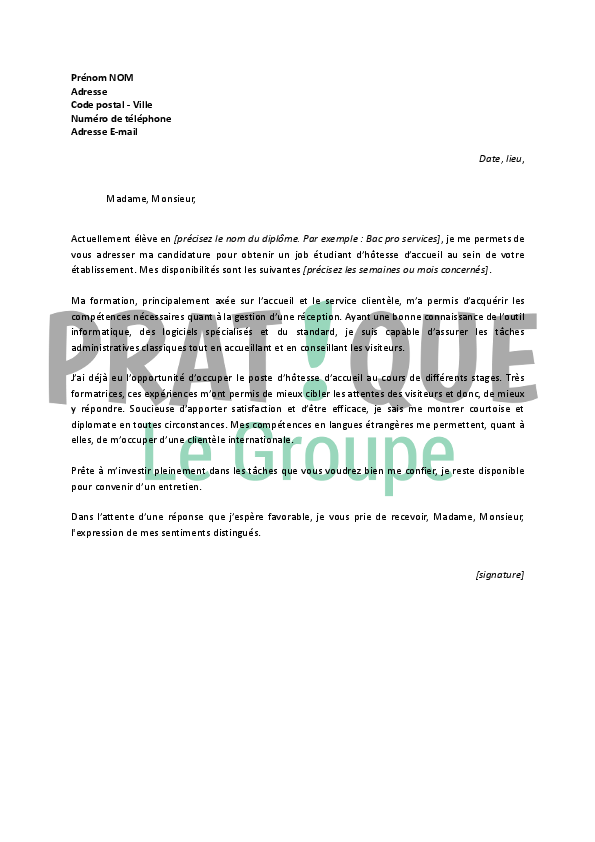 Lettre de motivation pour un emploi d'hôtesse d'accueil 