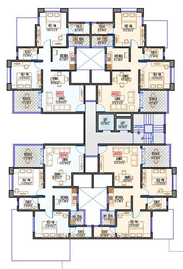 Navjeevan Properties'  Blue Bells, 2 BHK Flats opposite Pu La Deshpande Udyan on Sinhagad Road Floor Plan - 6th floor