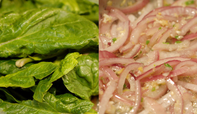 Spinach and sauteeing onions, garlic, ginger, jalapenos