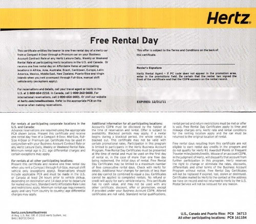 AVIS FREE DAY Car Rental Coupon - Vouchers - Certificate - EXP October ...