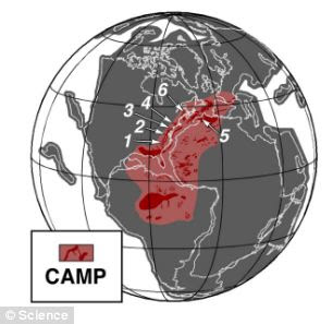 The Earliest Jurassic plate configuration showing distribution of the Central Atlantic Magmatic Province where massive eruptions occured 200m years ago