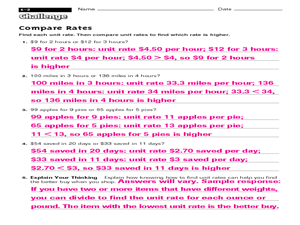 Compare Unit Rates Worksheet for 2nd - 3rd Grade | Lesson Planet