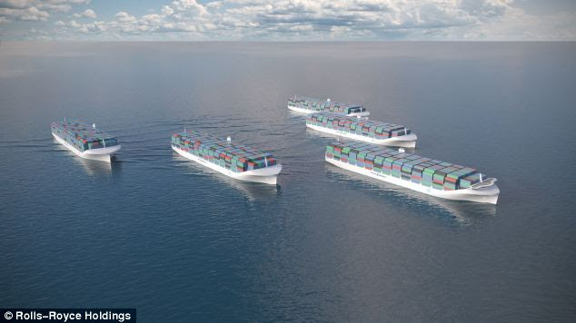 A fleet of drone ships: Drone ships would be safer, cheaper and less polluting for the $375 billion shipping industry that carries 90 percent of world trade, Rolls-Royce says.