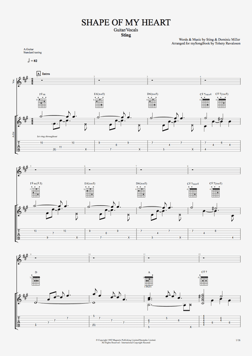Shape Of My Heart By Sting Guitar Vocals Guitar Pro Tab Mysongbook Com