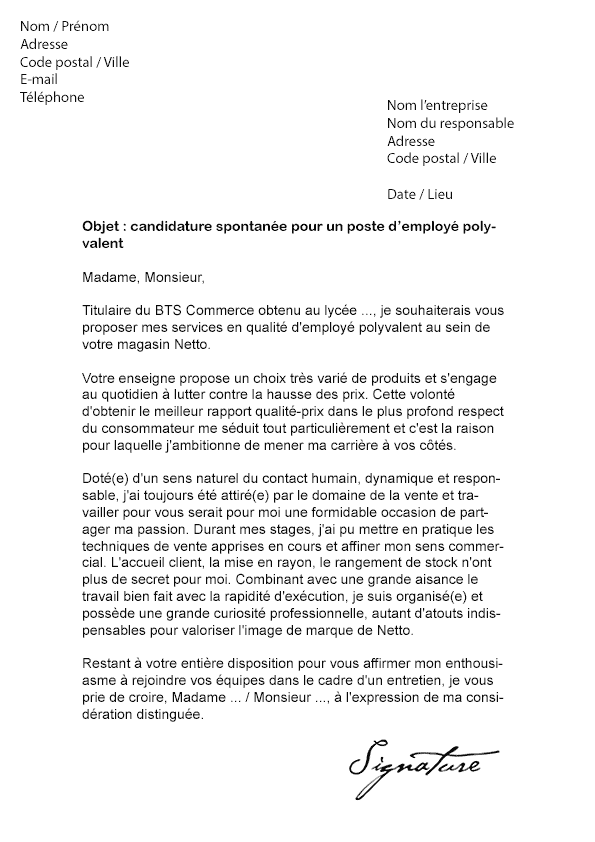 Lettre de motivation Netto - Modèle de Lettre