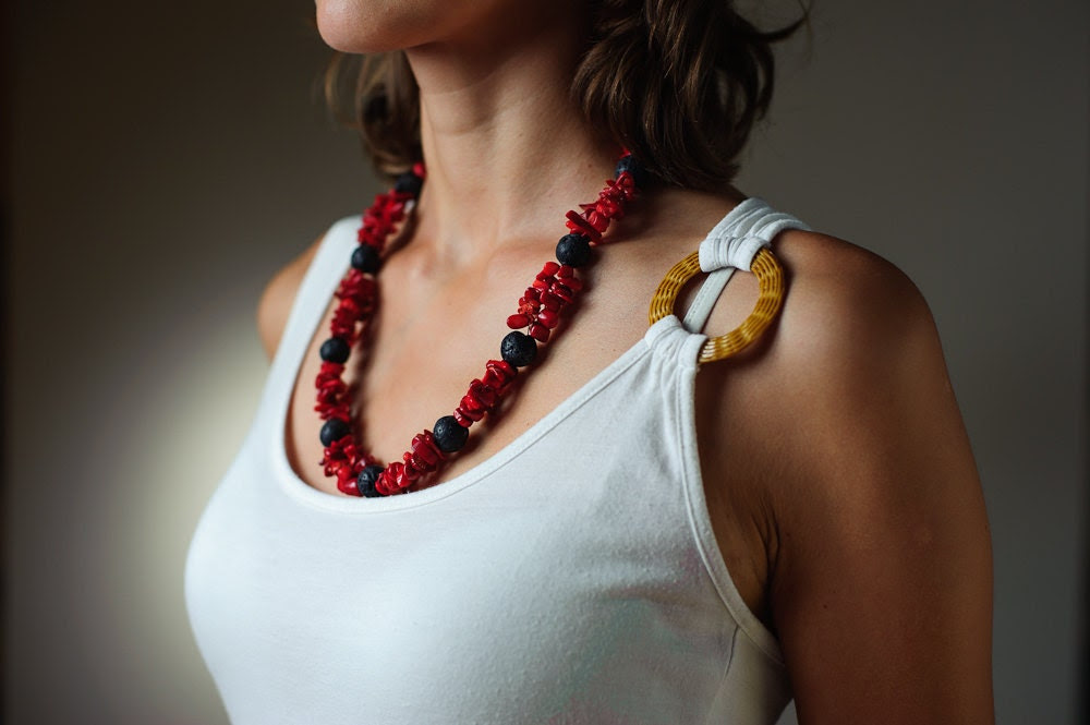 Chunky Red Coral Statement Necklace Beaded Black Lava Elegant Mother Day Gift Jewelry - DevikaBox