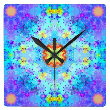 Blue Star Hippy Mandala Patterned Square Wall Clocks