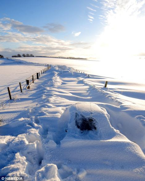 The sun shines on the snow as two cars remain submerged after snow flurries