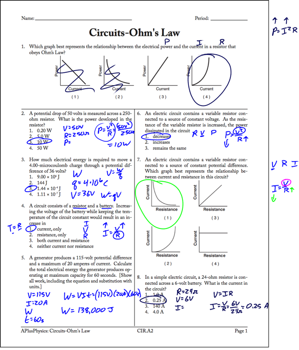 Ohm's Law Worksheet Page 1 Solutions - Regents Physics