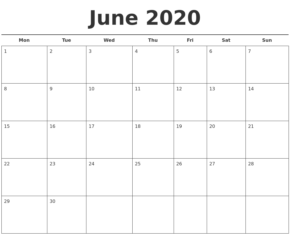 June 2020 Free Calendar Template