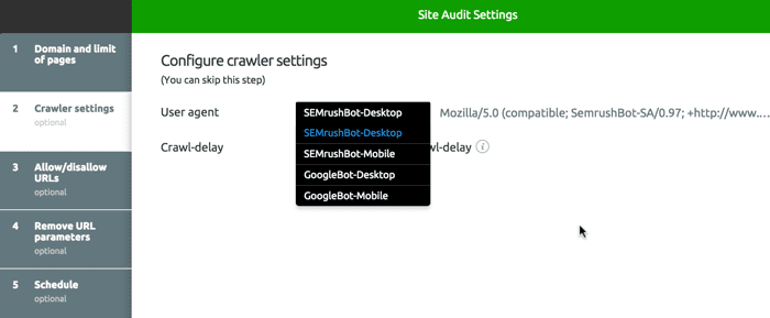 Crawler settings SEMRUSh