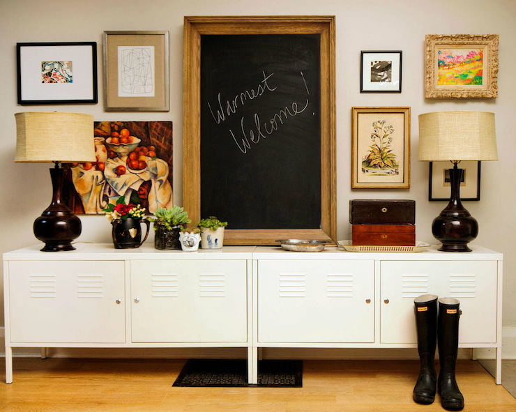  Ikea PS Cabinets, glossy black lamps, chalkboard in decor, gallery art wall