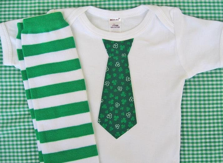 St. Patrick's Day, Spring Baby Boy Tie Onesie, Striped Leg Warmers - children, baby clothing Green, Stripes, Argyle, Shamrock, Dots, Damask