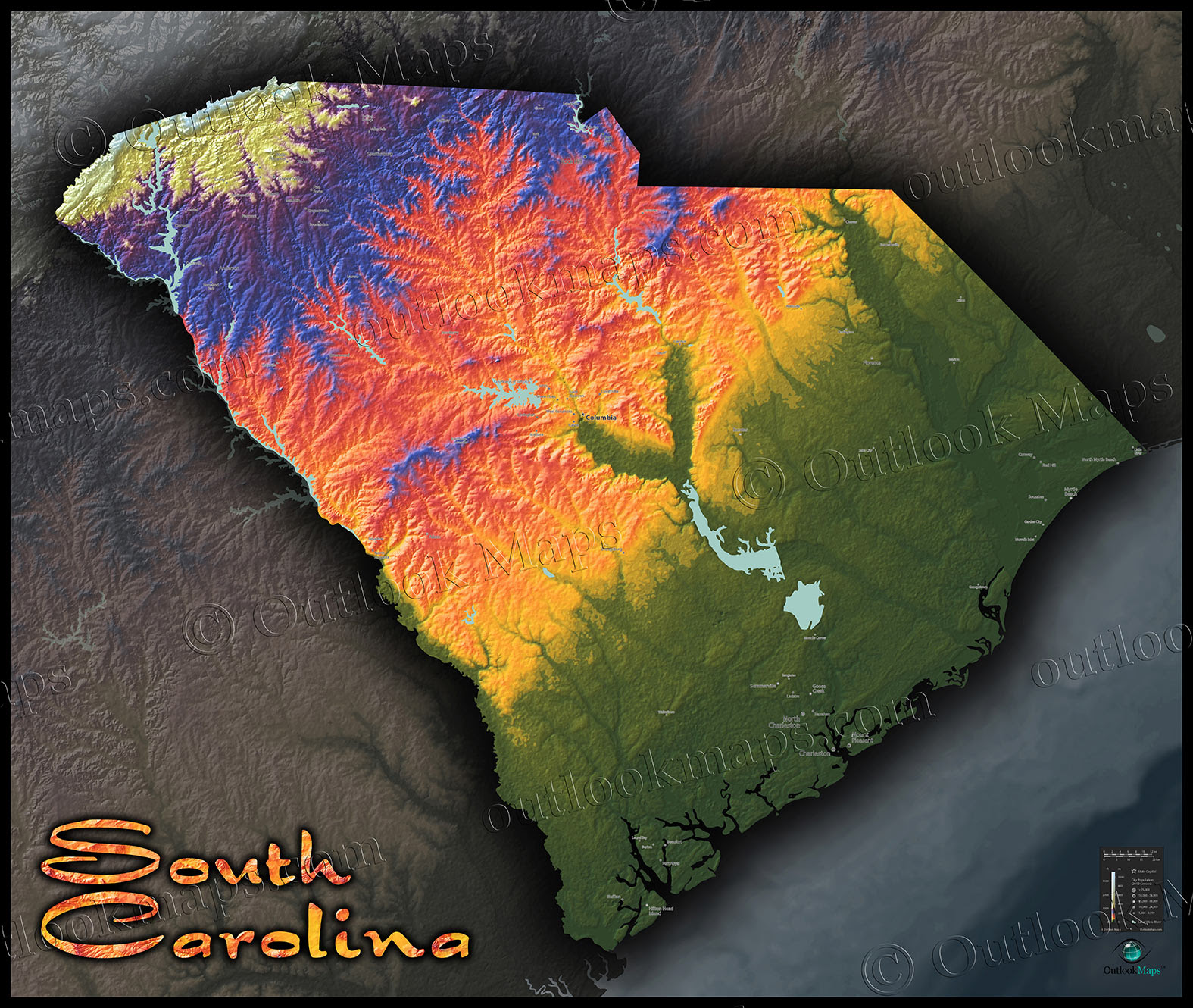 Topographic Map Of South Carolina South Carolina Terrain Map | Artistic Colorful Topography