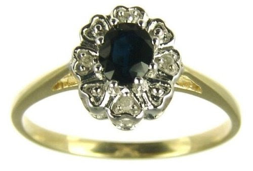 9ct Yellow Gold Ladies' Oval Sapphire and Diamond Set Cluster Ring Size P