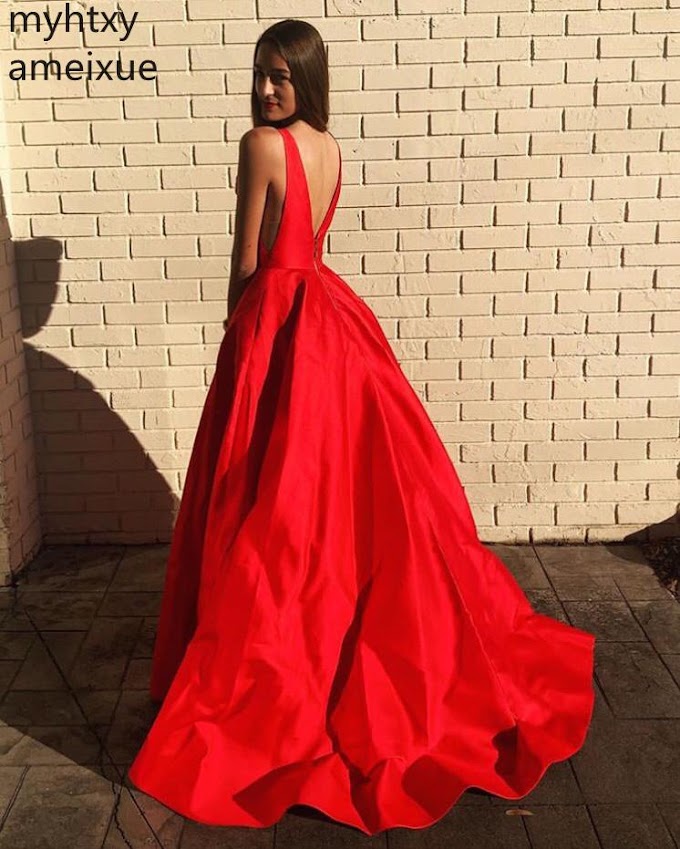 Buying Plus Size Simple V-neck Red Prom Dresses With Pockets Sleeveless Vestidos De Formal Gowns Backless Red Satin Women Formal Party
