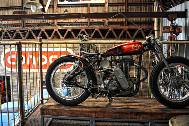 A customized Matchless motorcycle inside the Japanese workshop Heiwa.