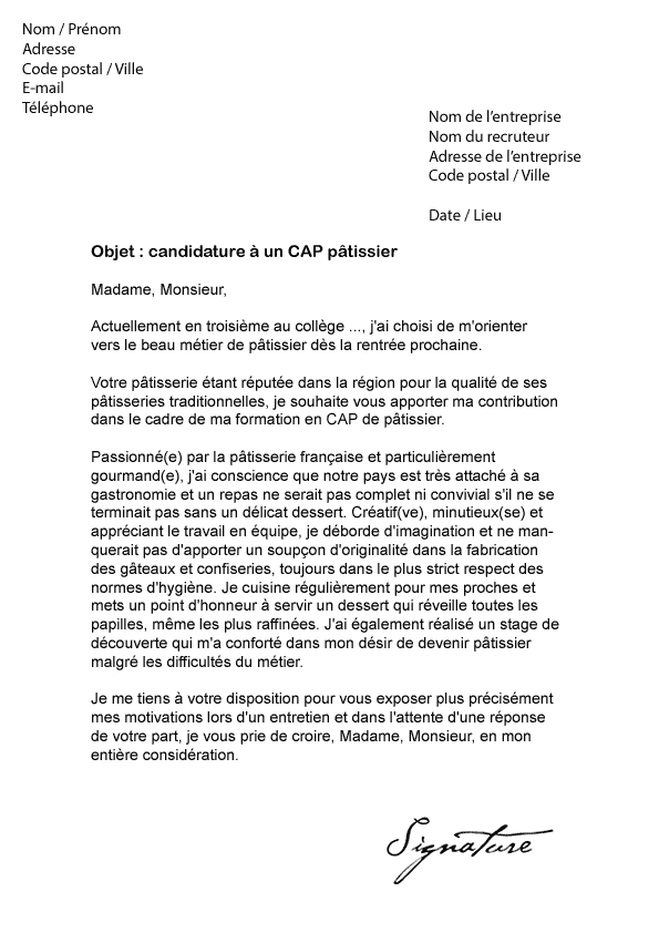 Lettre de motivation CAP Pâtissier - Modèle de Lettre