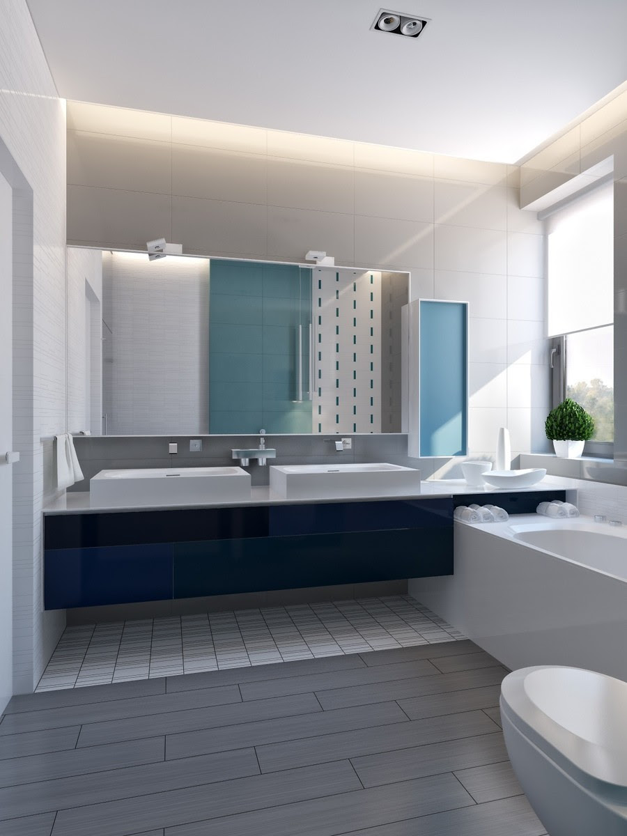 Blue Bathroom Designs / 5 Easy Ways to Revamp Your Boring Bathroom / This sky blue bathroom designed by penny morrison, founder of london based interior design studio, penny morrison, shows how pretty the shade can look when teamed with shades of pink and other darker tones of blue.