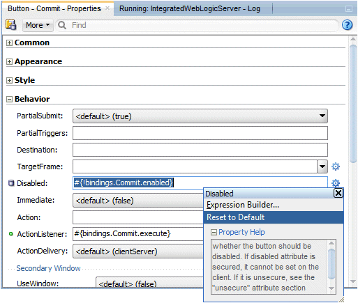 PI with drop down list for Disabled property and Reset to Default option selected.