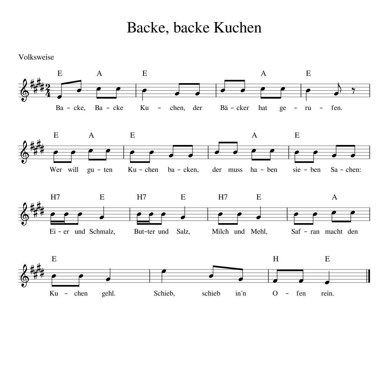 Backe, backe Kuchen - Kinderlieder - Noten - Text ...