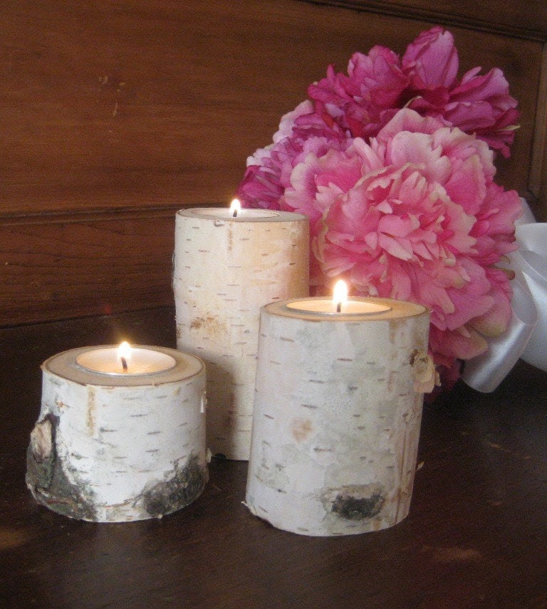 6",4",2" Birch Bark Candle Holders Home Decor Wedding Garden Party Rustic Wood Candles