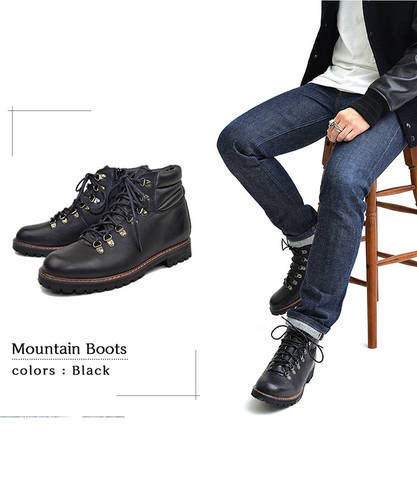 黒 ブラックのマウンテンブーツのメンズコーディネート 着こなし
