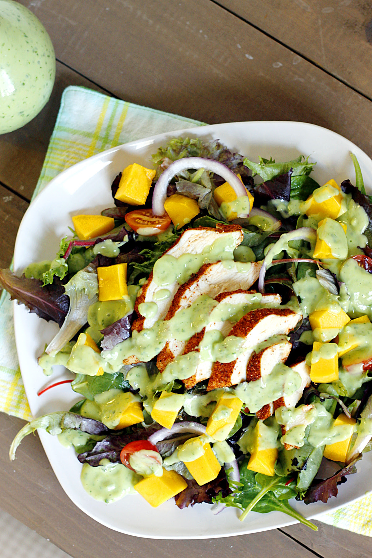 Blackened Chicken and Mango Salad with Creamy Avocado Dressing - Belle Vie