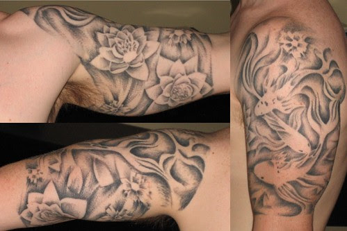 Fish and Lotus Half Sleeve by Sacred Heart Tattoo, Lincoln NE