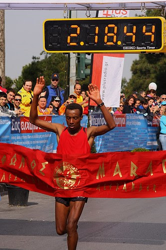 Teklu Geto Metaferia from Ethiopia placing first, finishing the 42.195 kilometer course in 2 hours, 18 minutes and 44 seconds. by Teacher Dude's BBQ