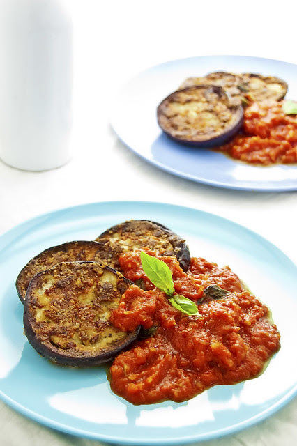Crispy baked Eggplant with Basil tomato sauce