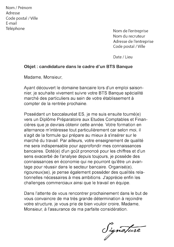 Lettre de motivation BTS Banque - Modèle de Lettre