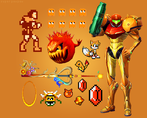 赤はマリオ ピンクは たくさんのゲームキャラを 色別にまとめた画像がキレイ そうさめも