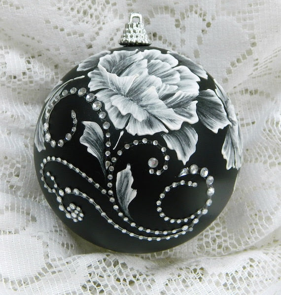 Rose MUD Ornament in Black with Rhinestone Bling