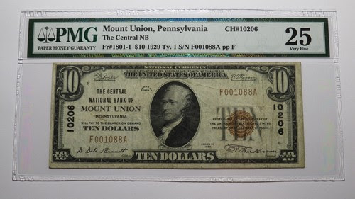 10 1929 Mount Union Pennsylvania Pa National Currency Bank Note Bill 10206 Vf25