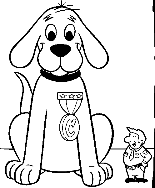 Clifford the red dog coloring page of him receiving an award for bravery!