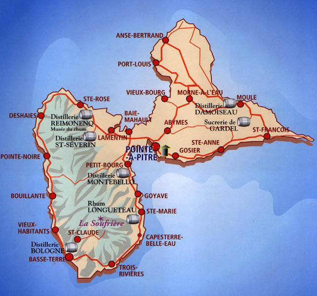guadeloupe map. Rum is in Guadeloupe produced