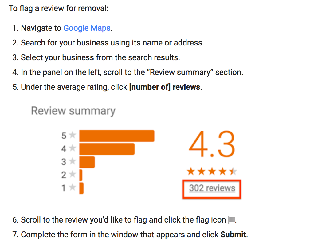 1. Navigate to Google Maps. 2. Search for your business using its name or address. 3. Select your business from the search results. 4. In the panel on the left, scroll to the “Review summary” section. 5. Under the average rating, click [number of] reviews. 6. Scroll to the review you’d like to flag and click the flag icon. 7. Complete the form in the window that appears and click Submit. 