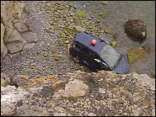 Car at the bottom of cliffs