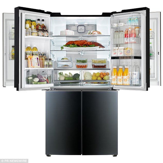 The 'Door-in-Door Mega-Capacity' refrigerator has shelves built into the first set of doors, which then open around a second set of doors, and the main fridge compartment