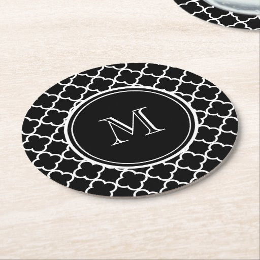 Download Black White Quatrefoil Pattern, Your Monogram Round Paper ...