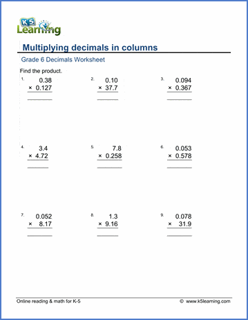 grade 6 math worksheet decimals multiplying decimals in columns k5